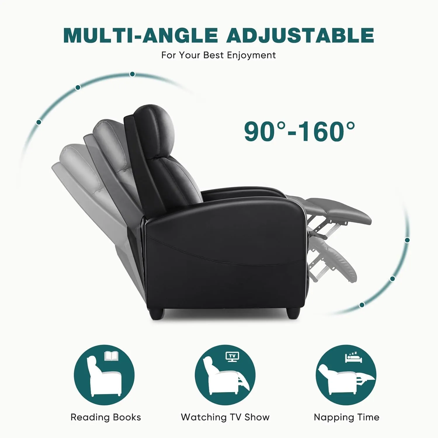 Recliner Chair for Living Room, Leather Home Theater Seating with Lumbar Support with Adjustable Backrest and Footrest, Modern Living Room Furniture with Padded Seat Backrest, Black