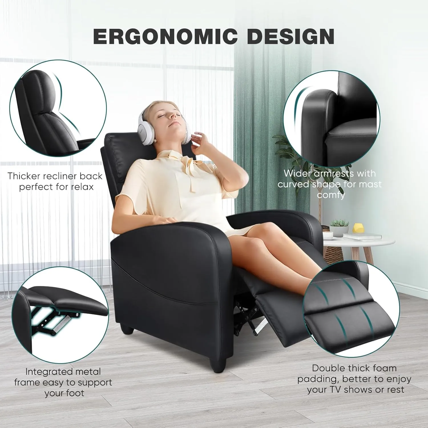 Recliner Chair for Living Room, Leather Home Theater Seating with Lumbar Support with Adjustable Backrest and Footrest, Modern Living Room Furniture with Padded Seat Backrest, Black