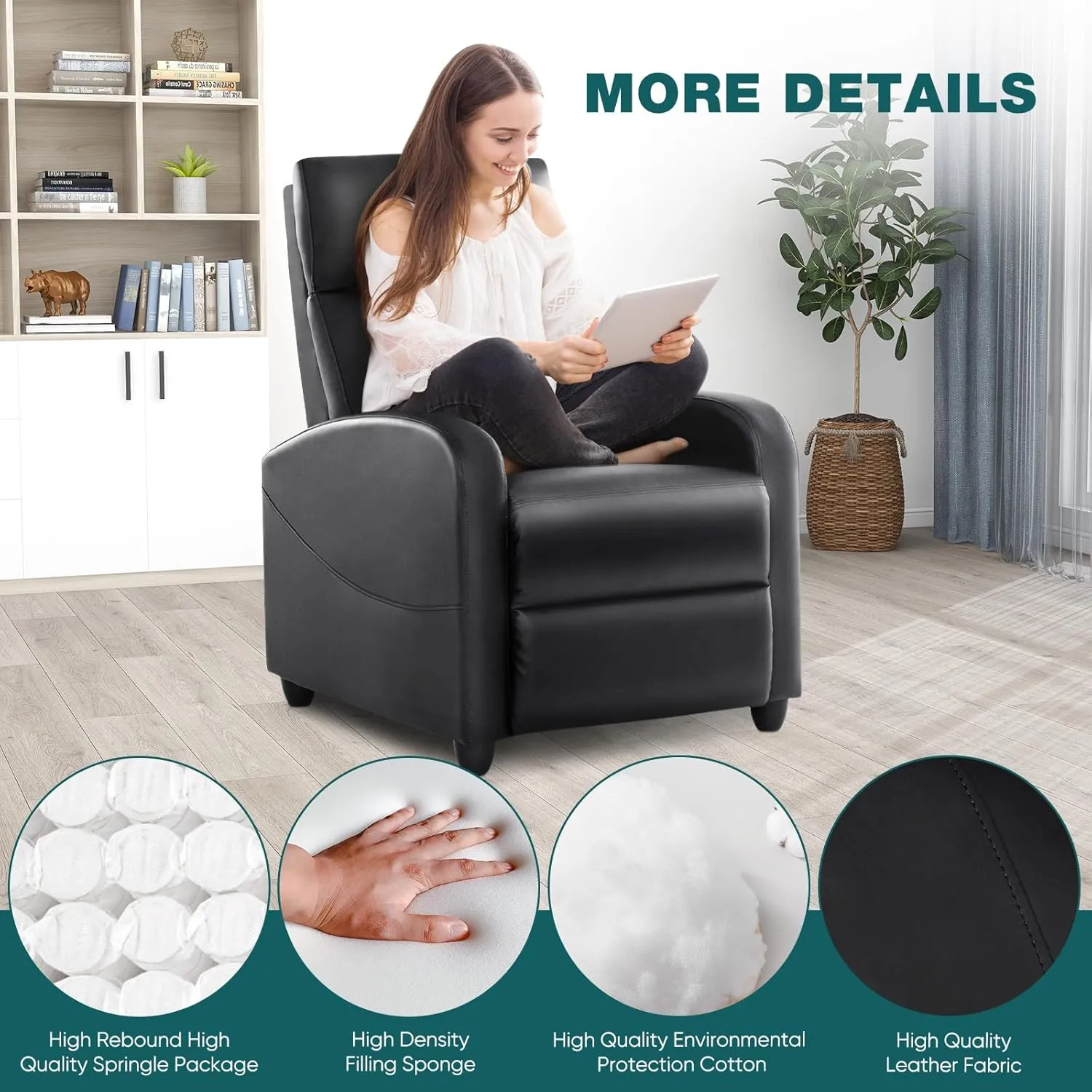 Recliner Chair for Living Room, Leather Home Theater Seating with Lumbar Support with Adjustable Backrest and Footrest, Modern Living Room Furniture with Padded Seat Backrest, Black
