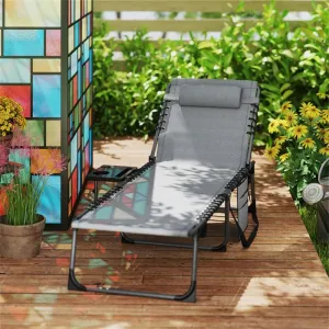 Reclining Camping Chair with Side Table - 5 Position Adjustable Folding Lounge Chair 265LB Capacity 600D Oxford Fabric for Outdoor Fishing Office Patio Gray Black