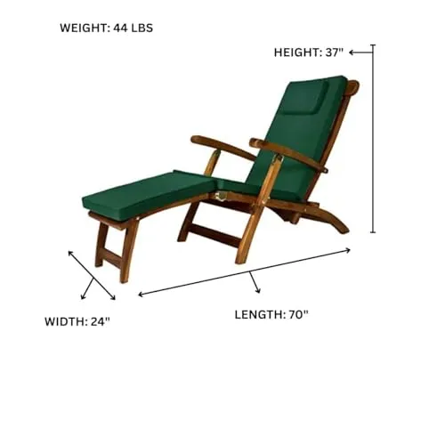 Reclining Chaise Lounge Steamer Teak Foldable Chair  - Green Cushions