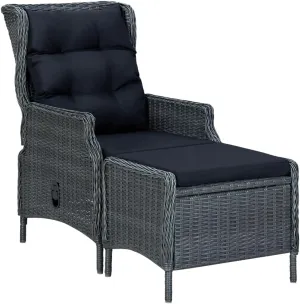 Reclining Patio Chair with Footstool Poly Rattan Dark Gray Outdoor Lounge Furniture Set for Backyard Deck Poolside Sunbathing and Relaxing