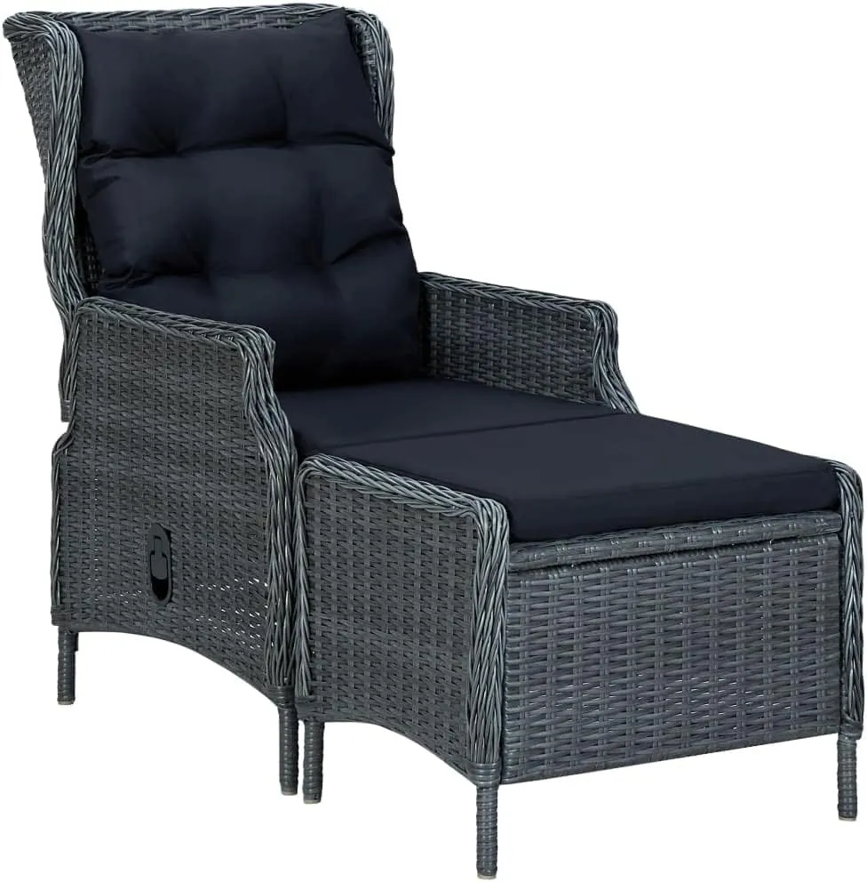Reclining Patio Chair with Footstool Poly Rattan Dark Gray Outdoor Lounge Furniture Set for Backyard Deck Poolside Sunbathing and Relaxing