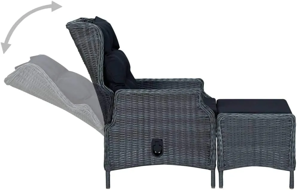 Reclining Patio Chair with Footstool Poly Rattan Dark Gray Outdoor Lounge Furniture Set for Backyard Deck Poolside Sunbathing and Relaxing