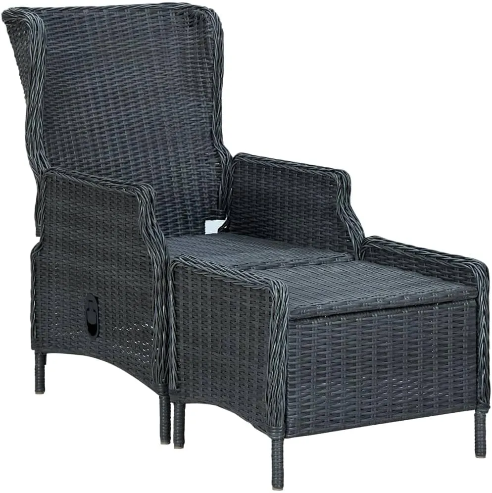 Reclining Patio Chair with Footstool Poly Rattan Dark Gray Outdoor Lounge Furniture Set for Backyard Deck Poolside Sunbathing and Relaxing