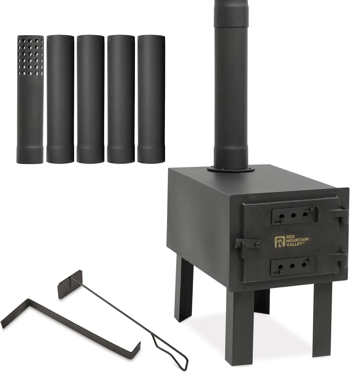 Red Mountain Valley Outdoor Camping Wood Stove, Portable Hot Wood Burning Tent stove with 5-Section Chimney and 2 Dual Rakes, small rv cast iron wood stove, ideal for hunting and camping