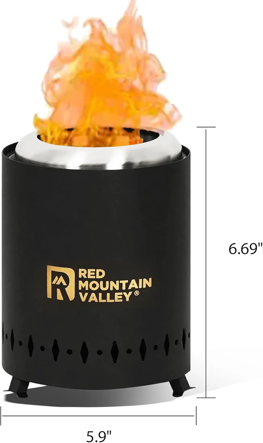 Red Mountain Valley Smokeless Tabletop Fire Pit with Mat, Portable Mini Low Smoke Camping Stove with Travel Bag and Fireproof Mat, Stainless Steel Black, for Outdoor Enthusiasts