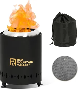Red Mountain Valley Smokeless Tabletop Fire Pit with Mat, Portable Mini Low Smoke Camping Stove with Travel Bag and Fireproof Mat, Stainless Steel Black, for Outdoor Enthusiasts