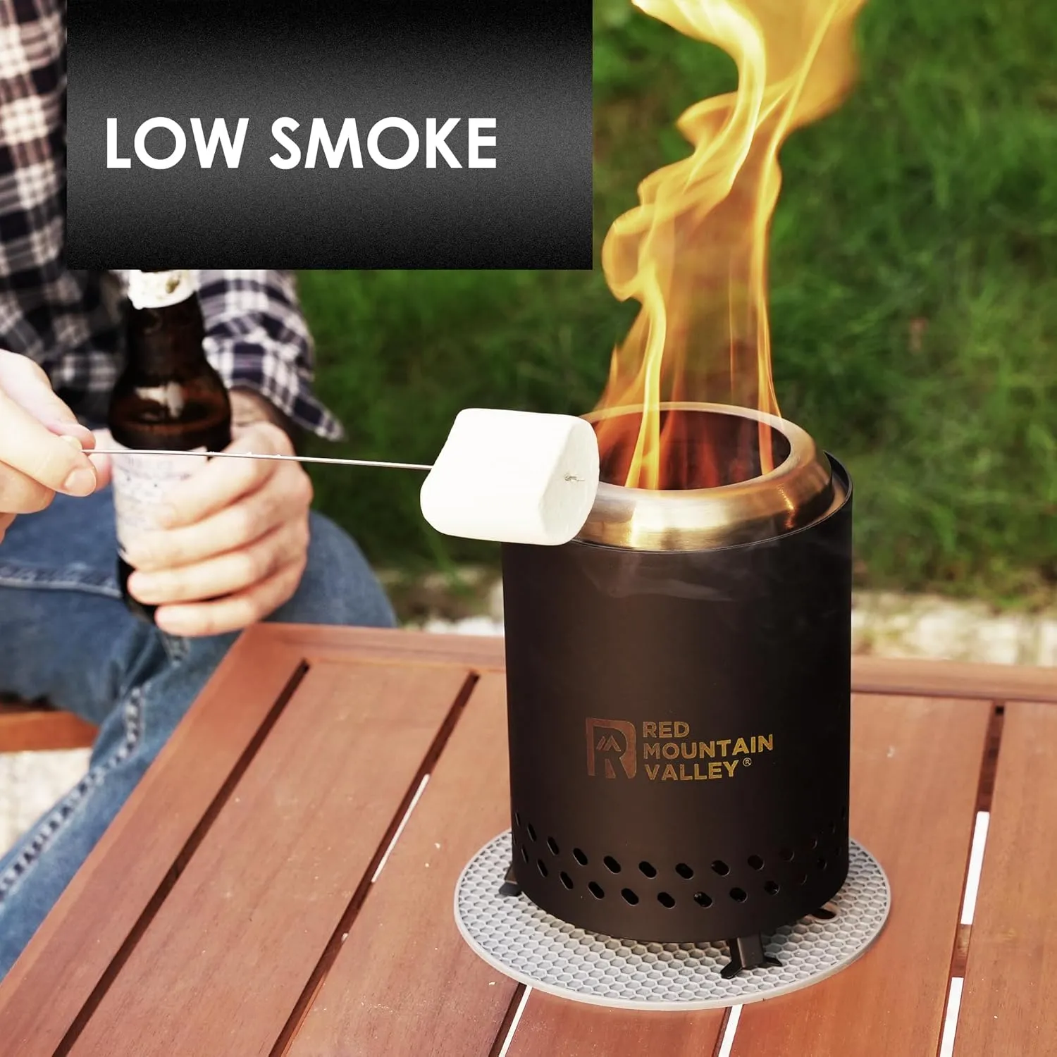 Red Mountain Valley Smokeless Tabletop Fire Pit with Mat, Portable Mini Low Smoke Camping Stove with Travel Bag and Fireproof Mat, Stainless Steel Black, for Outdoor Enthusiasts