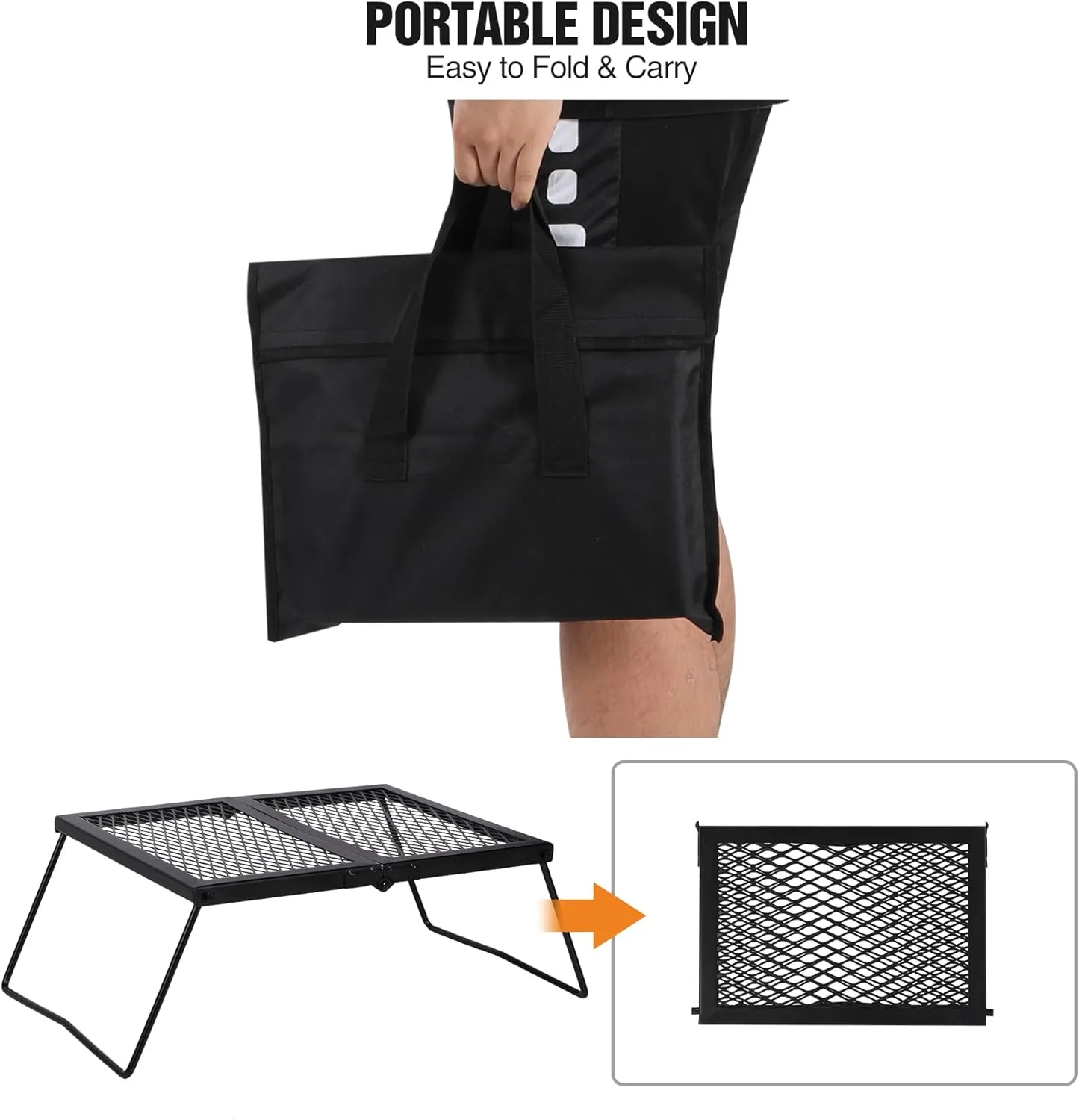 REDCAMP Folding Campfire Grill Heavy Duty Steel Grate, Portable Camp Fire Cooking Rack Over Fire Pit with Carrying Bag for Outdoor BBQ Camping