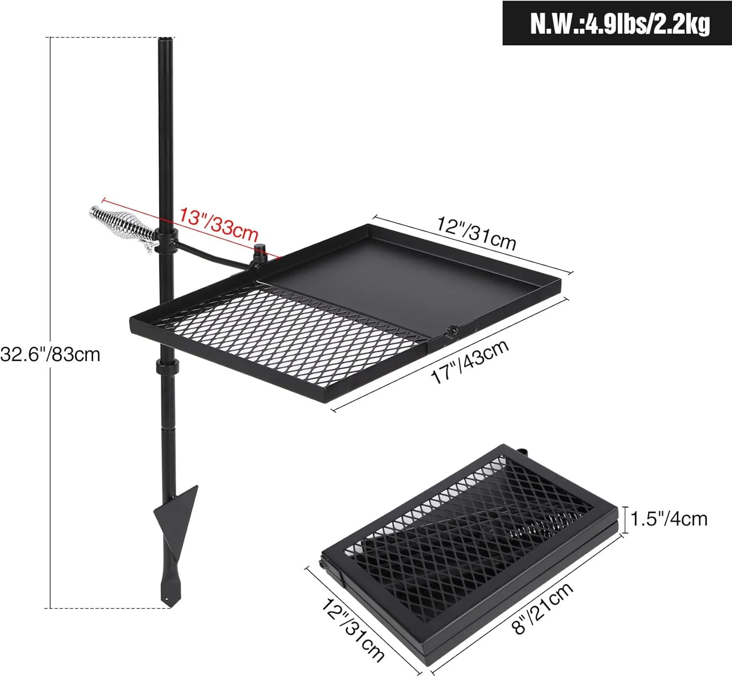 REDCAMP Folding Swivel Campfire Grill, Portable Fire Pit Grill Grate Over Fire Pit, Heavy Duty Steel Grate & Camp Fire Rack with Carrying Bag for Outdoor Camping Cooking