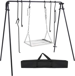 REDCAMP Grill Swing Campfire Grill Stand with Stainless Steel Grill Grate,Collapsible Campfire Cooking Rack w/6 Hooks,Portable Cookware Hanging Rack Camping Bonfire for Cookware&Dutch Oven,Rectangle