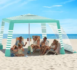Rhino Valley Beach Cabana with Cup Holder, 8*8FT Foldable Beach Tent UPF50  Protection, Windproof Stable Beach Canopy Easy Setup, Portable Beach Cabana Tent Camping with Family, Green & White Stripes