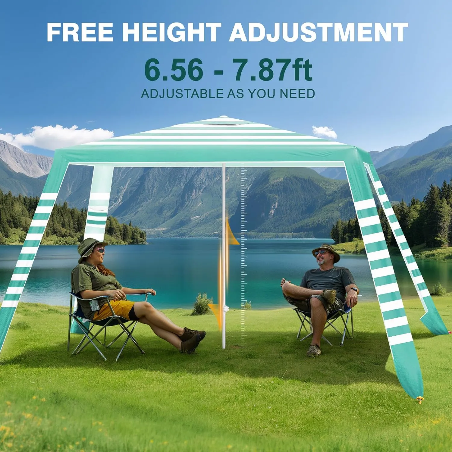 Rhino Valley Beach Cabana with Cup Holder, 8*8FT Foldable Beach Tent UPF50  Protection, Windproof Stable Beach Canopy Easy Setup, Portable Beach Cabana Tent Camping with Family, Green & White Stripes