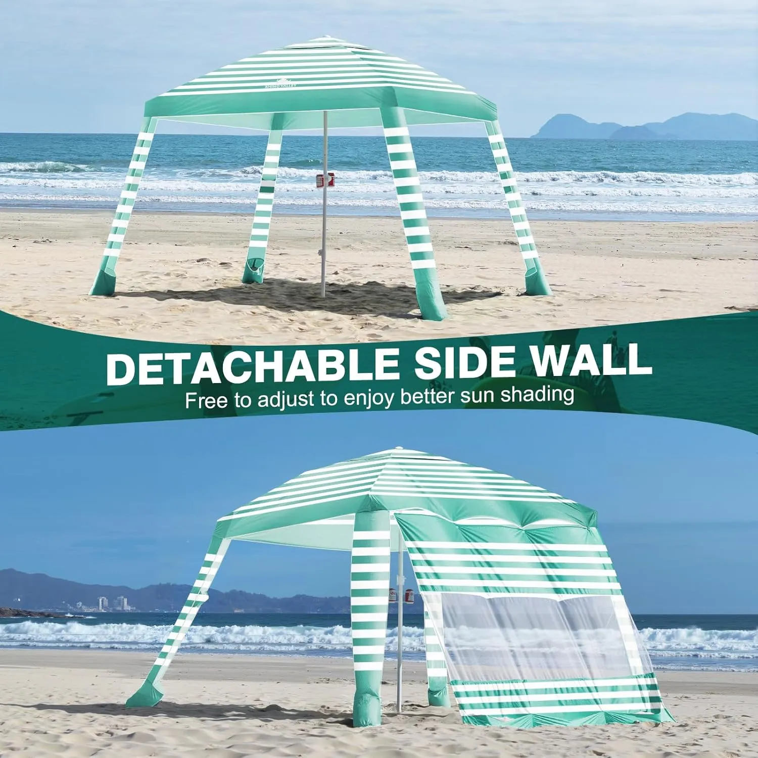 Rhino Valley Beach Cabana with Cup Holder, 8*8FT Foldable Beach Tent UPF50  Protection, Windproof Stable Beach Canopy Easy Setup, Portable Beach Cabana Tent Camping with Family, Green & White Stripes