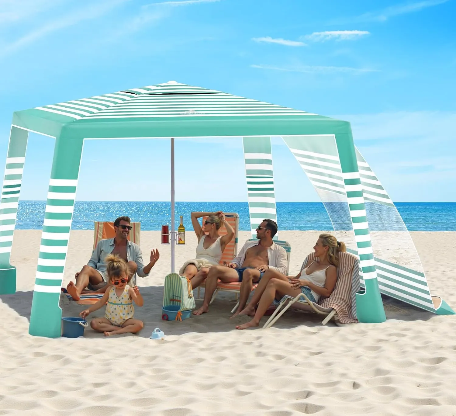Rhino Valley Beach Cabana with Cup Holder, 8*8FT Foldable Beach Tent UPF50  Protection, Windproof Stable Beach Canopy Easy Setup, Portable Beach Cabana Tent Camping with Family, Green & White Stripes