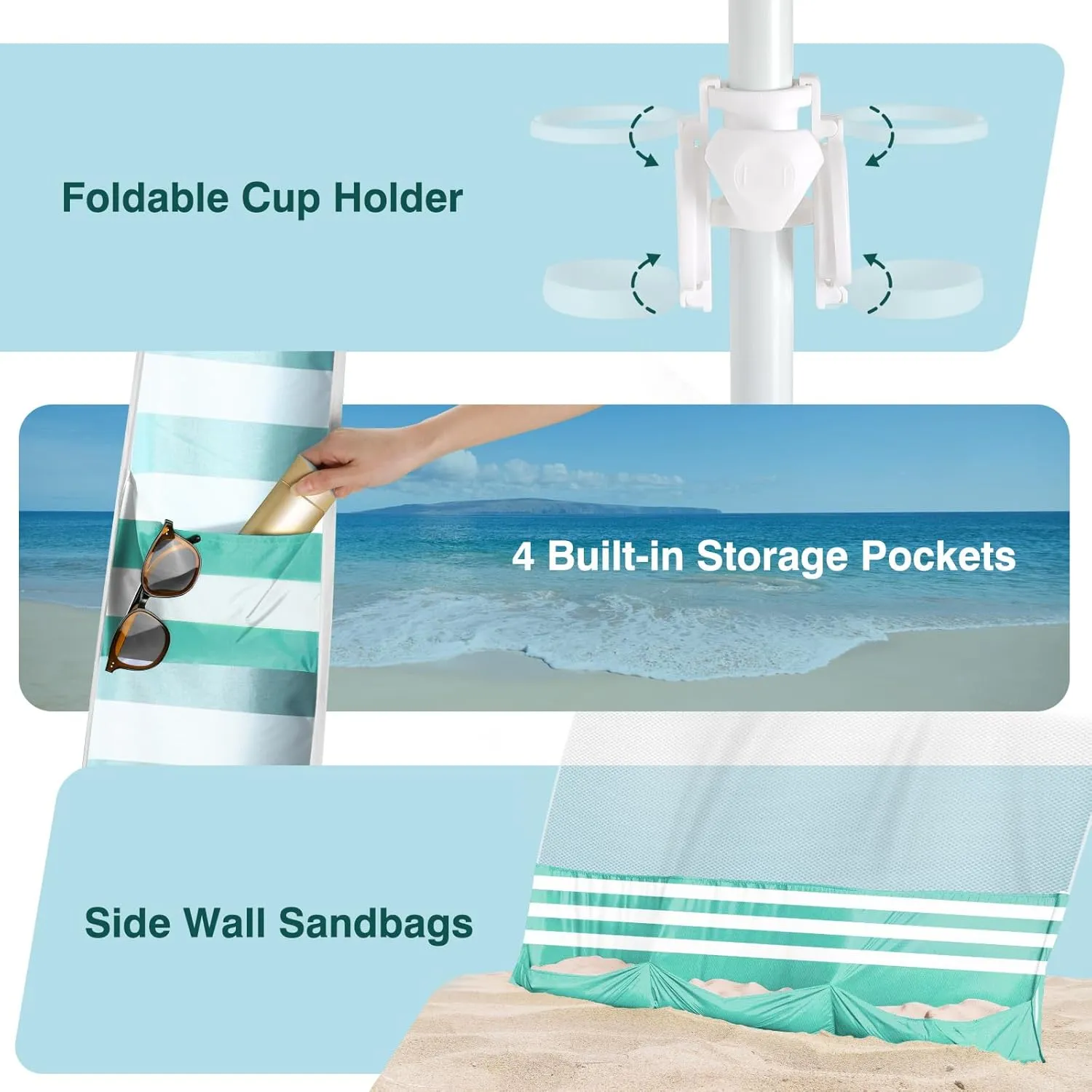 Rhino Valley Beach Cabana with Cup Holder, 8*8FT Foldable Beach Tent UPF50  Protection, Windproof Stable Beach Canopy Easy Setup, Portable Beach Cabana Tent Camping with Family, Green & White Stripes