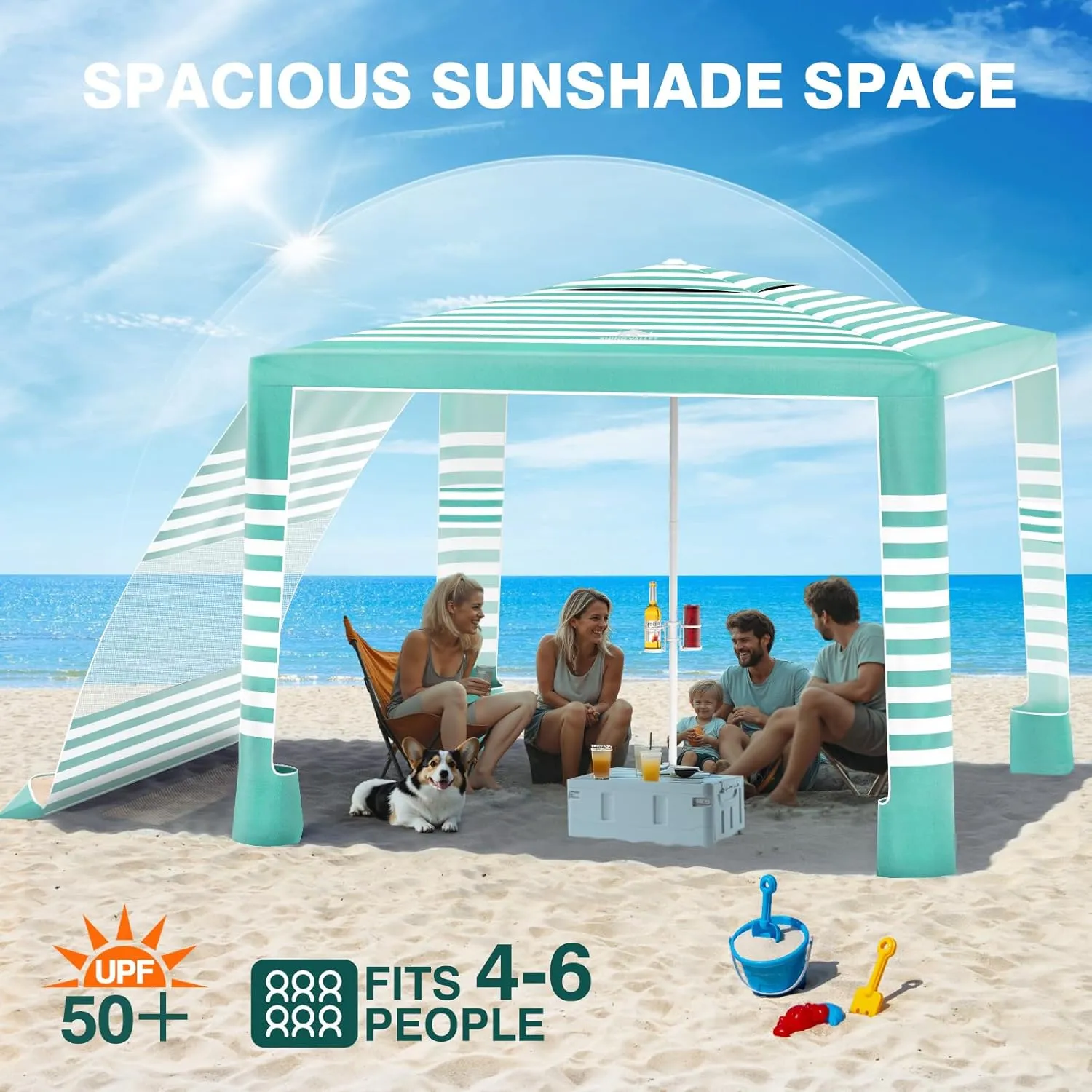 Rhino Valley Beach Cabana with Cup Holder, 8*8FT Foldable Beach Tent UPF50  Protection, Windproof Stable Beach Canopy Easy Setup, Portable Beach Cabana Tent Camping with Family, Green & White Stripes