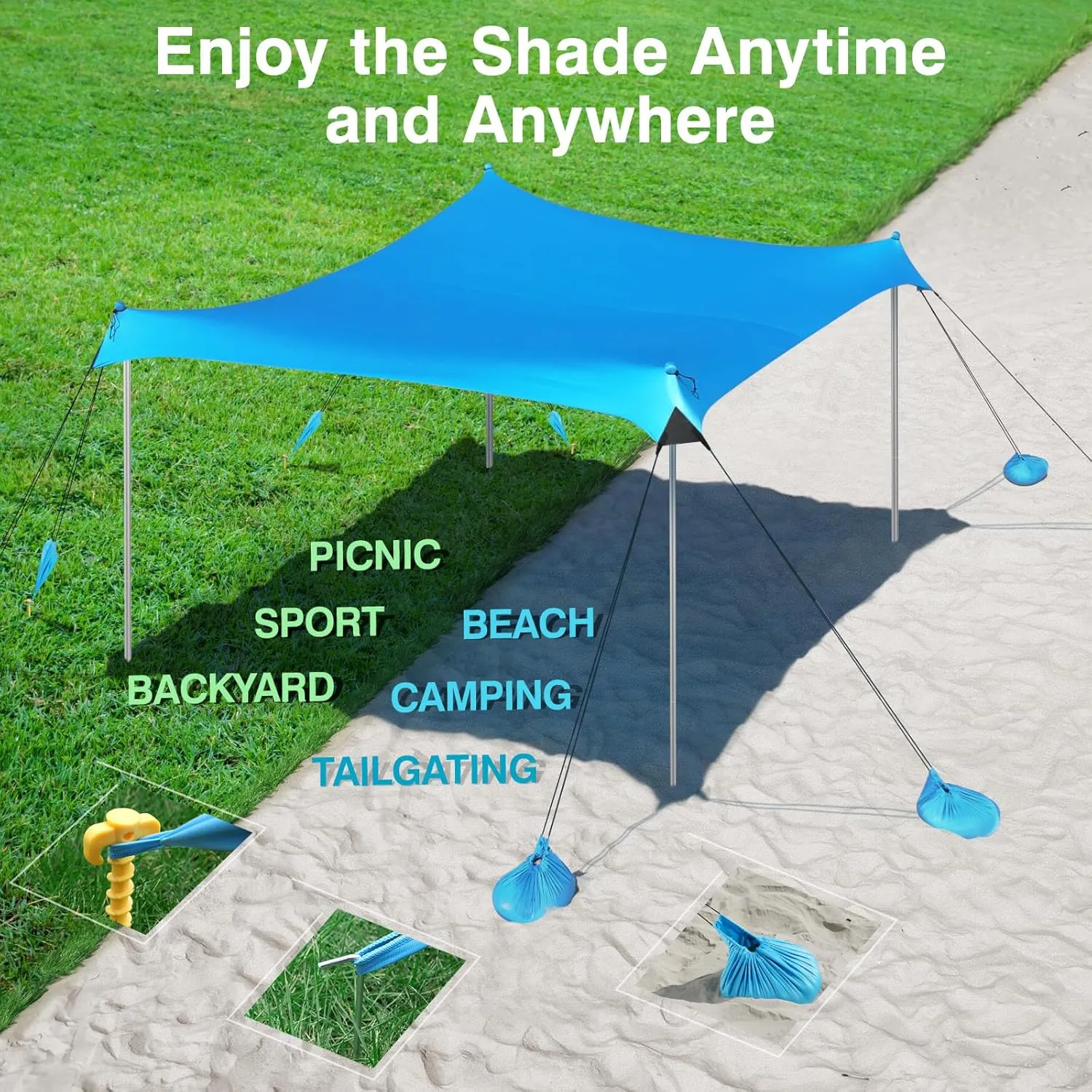 Rhino Valley Beach Tent Sun Shelter, 10x10FT Beach Canopy Tent Sun Shade UPF50  Protection with 8 Sandbags 4 Stability Poles, Outdoor Beach Shade Canopy 6-8 People for Beach Camping Fishing