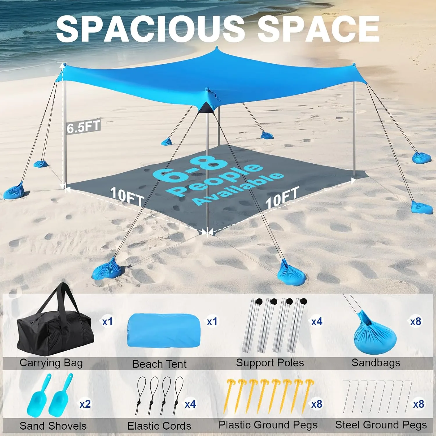 Rhino Valley Beach Tent Sun Shelter, 10x10FT Beach Canopy Tent Sun Shade UPF50  Protection with 8 Sandbags 4 Stability Poles, Outdoor Beach Shade Canopy 6-8 People for Beach Camping Fishing