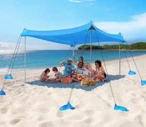 Rhino Valley Beach Tent Sun Shelter, 10x10FT Beach Canopy Tent Sun Shade UPF50  Protection with 8 Sandbags 4 Stability Poles, Outdoor Beach Shade Canopy 6-8 People for Beach Camping Fishing