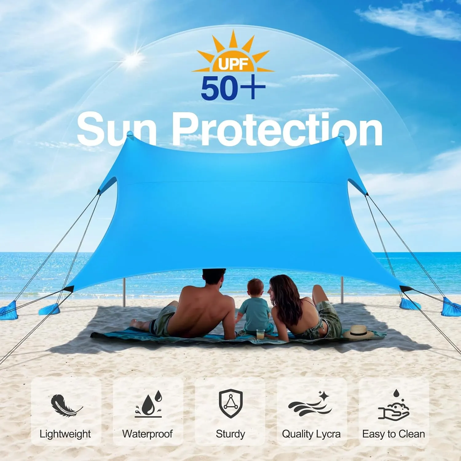Rhino Valley Beach Tent Sun Shelter, 10x10FT Beach Canopy Tent Sun Shade UPF50  Protection with 8 Sandbags 4 Stability Poles, Outdoor Beach Shade Canopy 6-8 People for Beach Camping Fishing