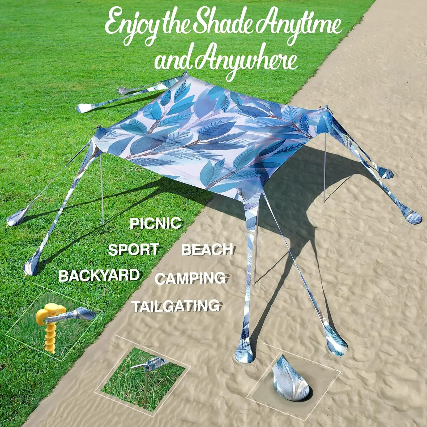 Rhino Valley Beach Tent Sun Shelter, Beach Canopy Tent Sun Shade UPF50  Protection with 8 Sandbags 4 Stability Poles, Outdoor Beach Shade Canopy for Beach, Camping, Fishing