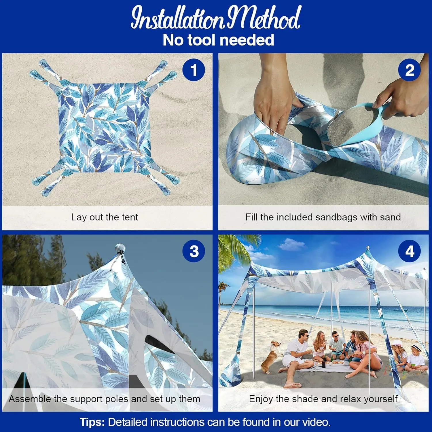 Rhino Valley Beach Tent Sun Shelter, Beach Canopy Tent Sun Shade UPF50  Protection with 8 Sandbags 4 Stability Poles, Outdoor Beach Shade Canopy for Beach, Camping, Fishing