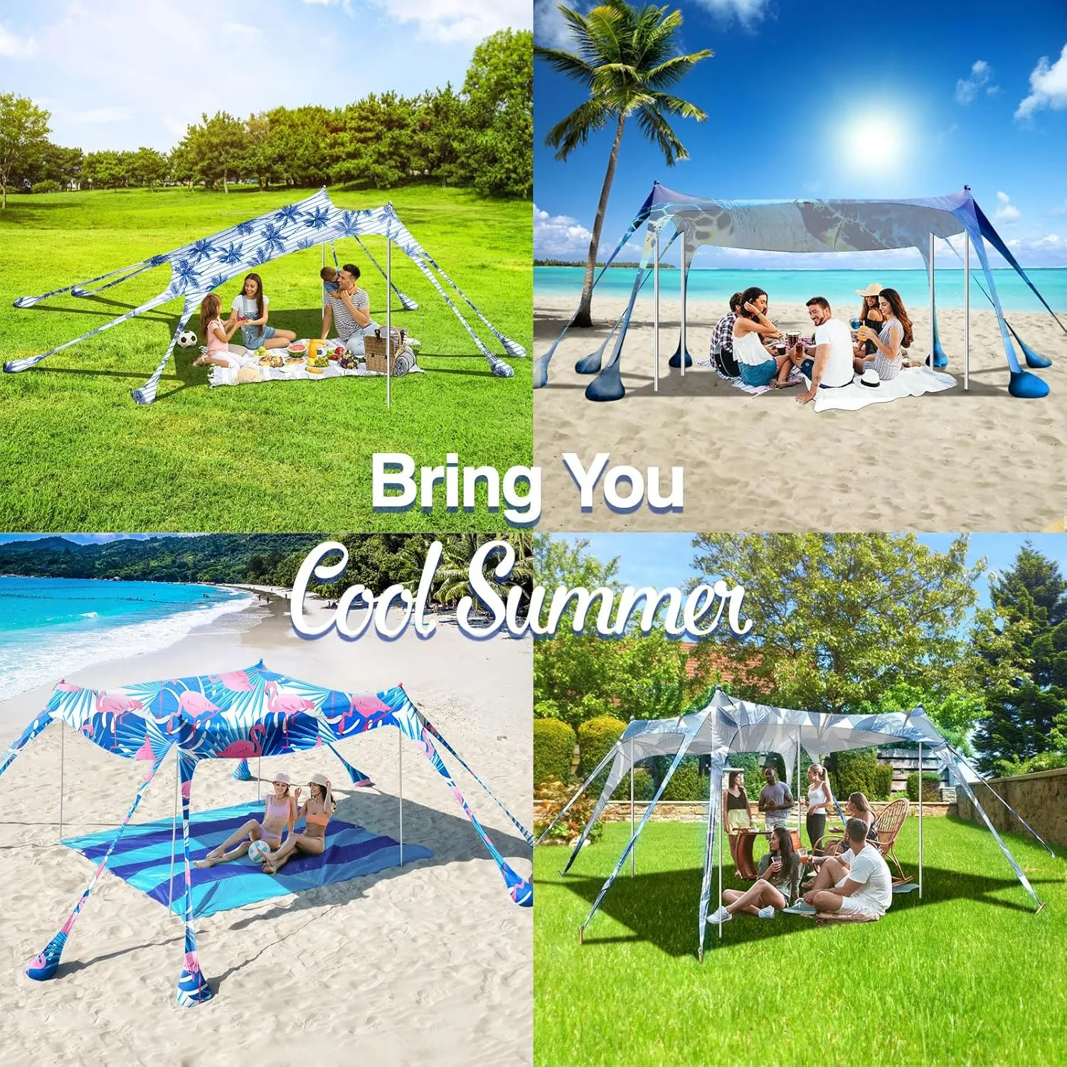 Rhino Valley Beach Tent Sun Shelter, Beach Canopy Tent Sun Shade UPF50  Protection with 8 Sandbags 4 Stability Poles, Outdoor Beach Shade Canopy for Beach, Camping, Fishing