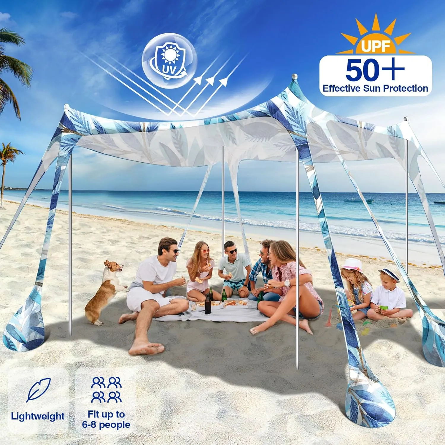 Rhino Valley Beach Tent Sun Shelter, Beach Canopy Tent Sun Shade UPF50  Protection with 8 Sandbags 4 Stability Poles, Outdoor Beach Shade Canopy for Beach, Camping, Fishing