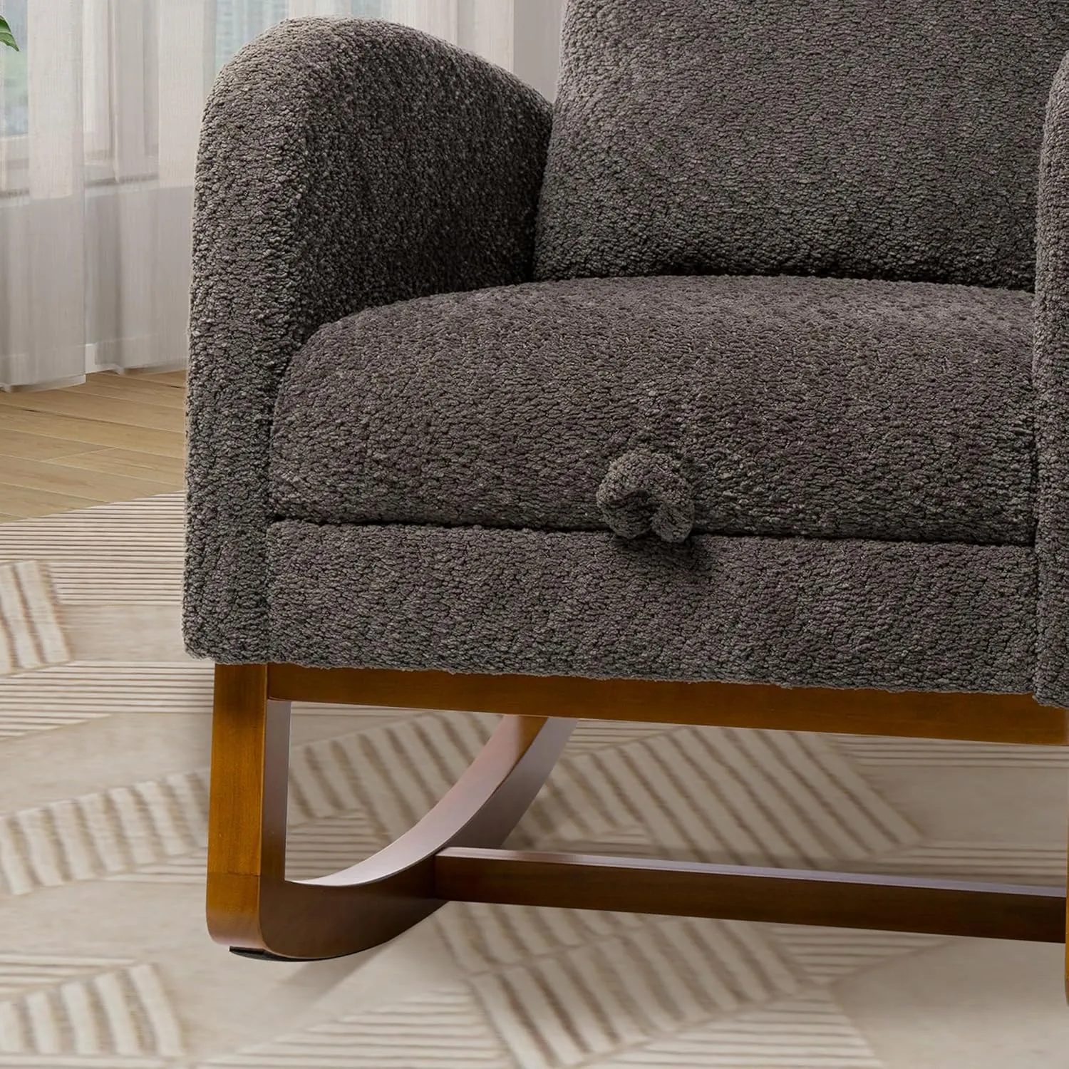 Rocking Chair Nursery, High Back Glider Chair with Retractable Foot Rest, Side Pocket, Rocking Accent Armchair with Rubber Wood Legs, for Indoor Living Room Bedroom.Charcoal