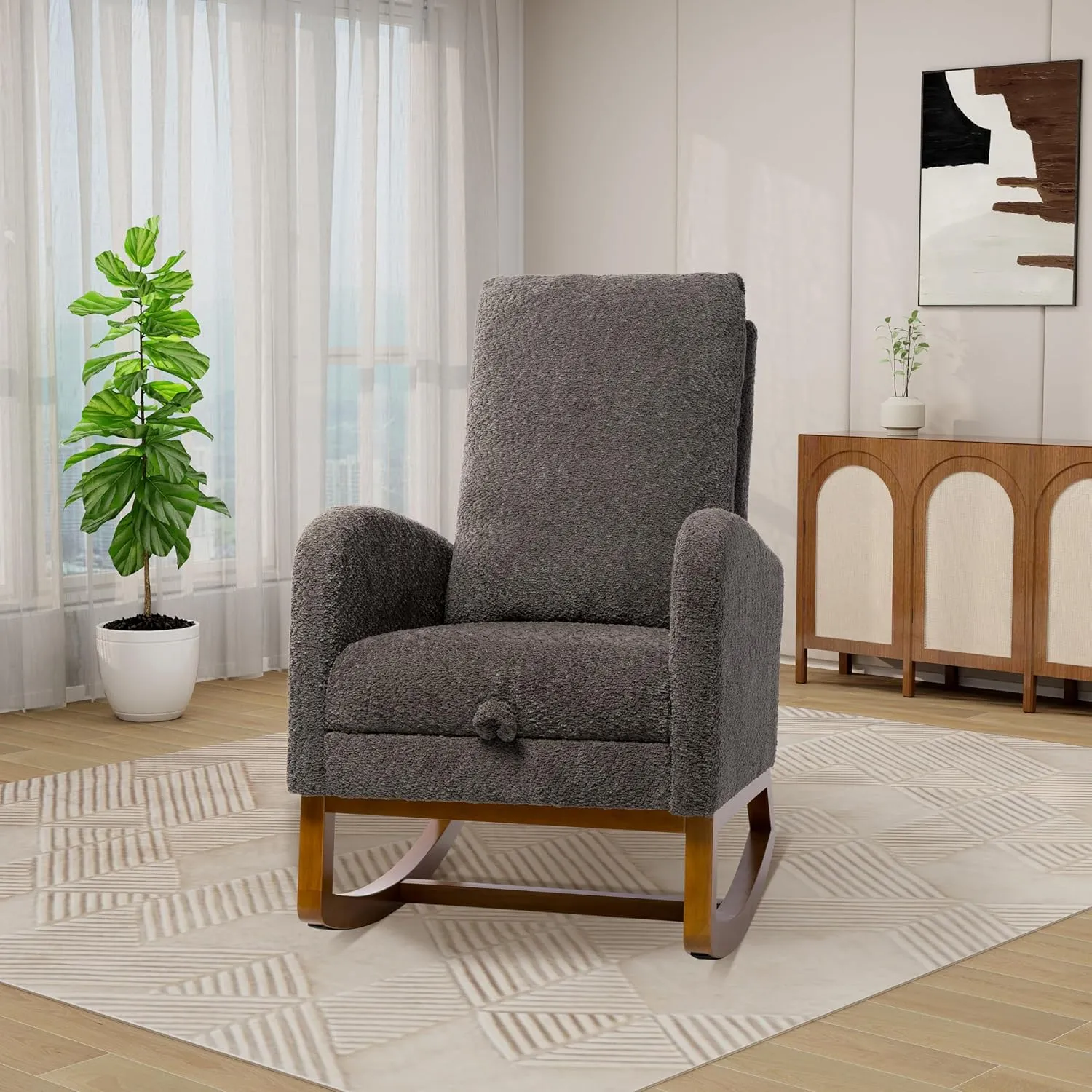 Rocking Chair Nursery, High Back Glider Chair with Retractable Foot Rest, Side Pocket, Rocking Accent Armchair with Rubber Wood Legs, for Indoor Living Room Bedroom.Charcoal
