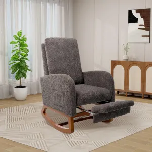 Rocking Chair Nursery, High Back Glider Chair with Retractable Foot Rest, Side Pocket, Rocking Accent Armchair with Rubber Wood Legs, for Indoor Living Room Bedroom.Charcoal