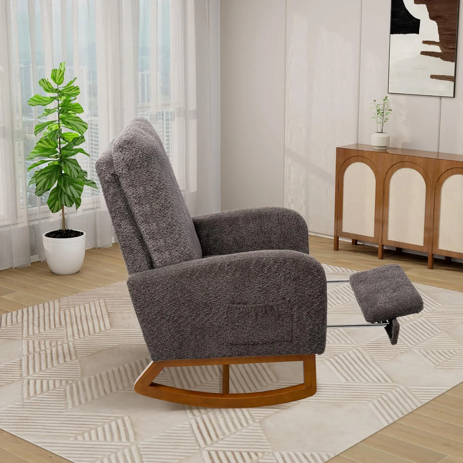 Rocking Chair Nursery, High Back Glider Chair with Retractable Foot Rest, Side Pocket, Rocking Accent Armchair with Rubber Wood Legs, for Indoor Living Room Bedroom.Charcoal