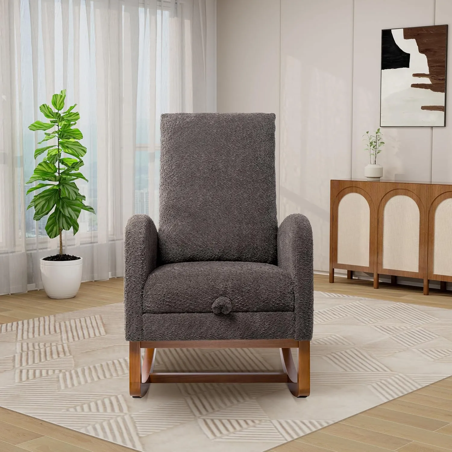 Rocking Chair Nursery, High Back Glider Chair with Retractable Foot Rest, Side Pocket, Rocking Accent Armchair with Rubber Wood Legs, for Indoor Living Room Bedroom.Charcoal