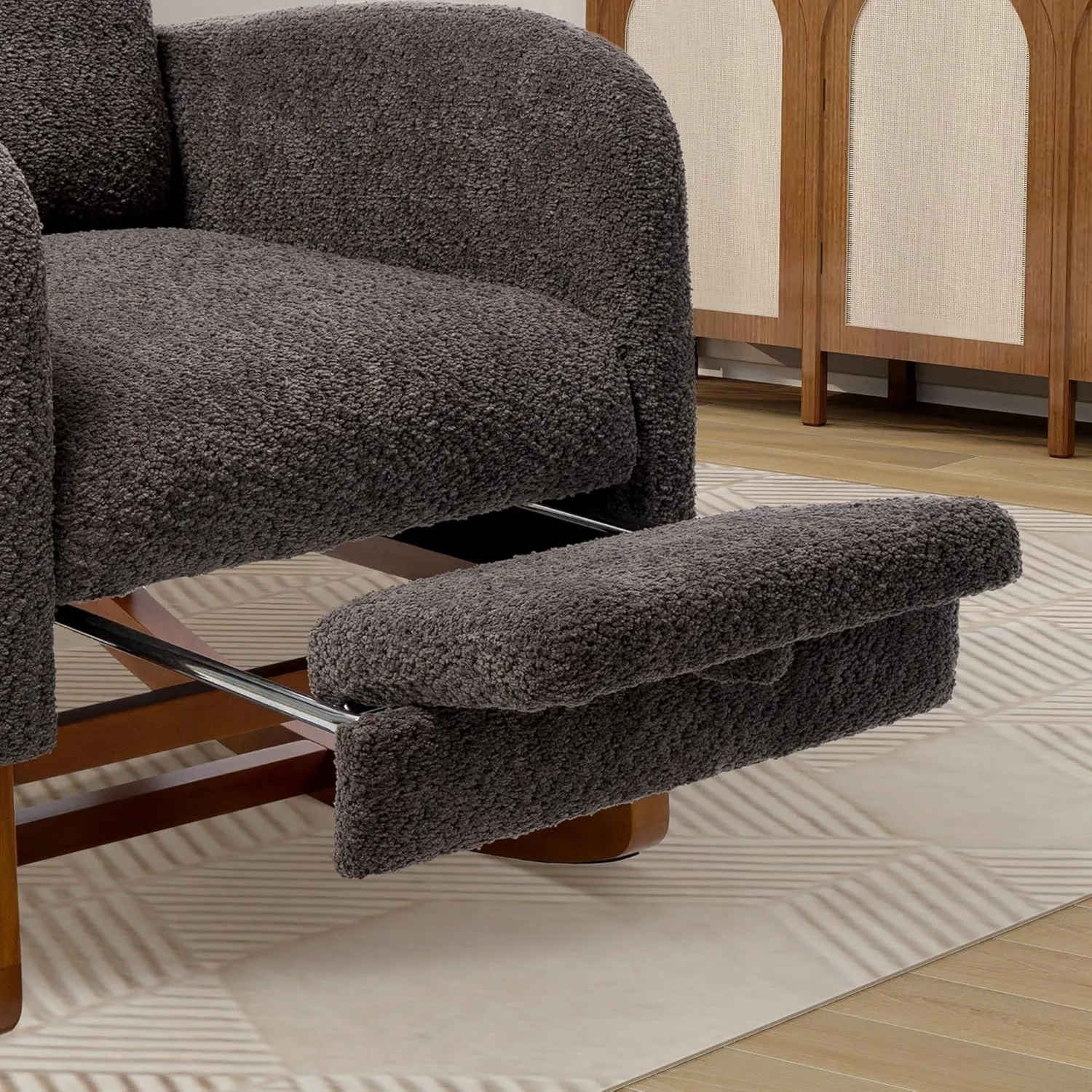Rocking Chair Nursery, High Back Glider Chair with Retractable Foot Rest, Side Pocket, Rocking Accent Armchair with Rubber Wood Legs, for Indoor Living Room Bedroom.Charcoal