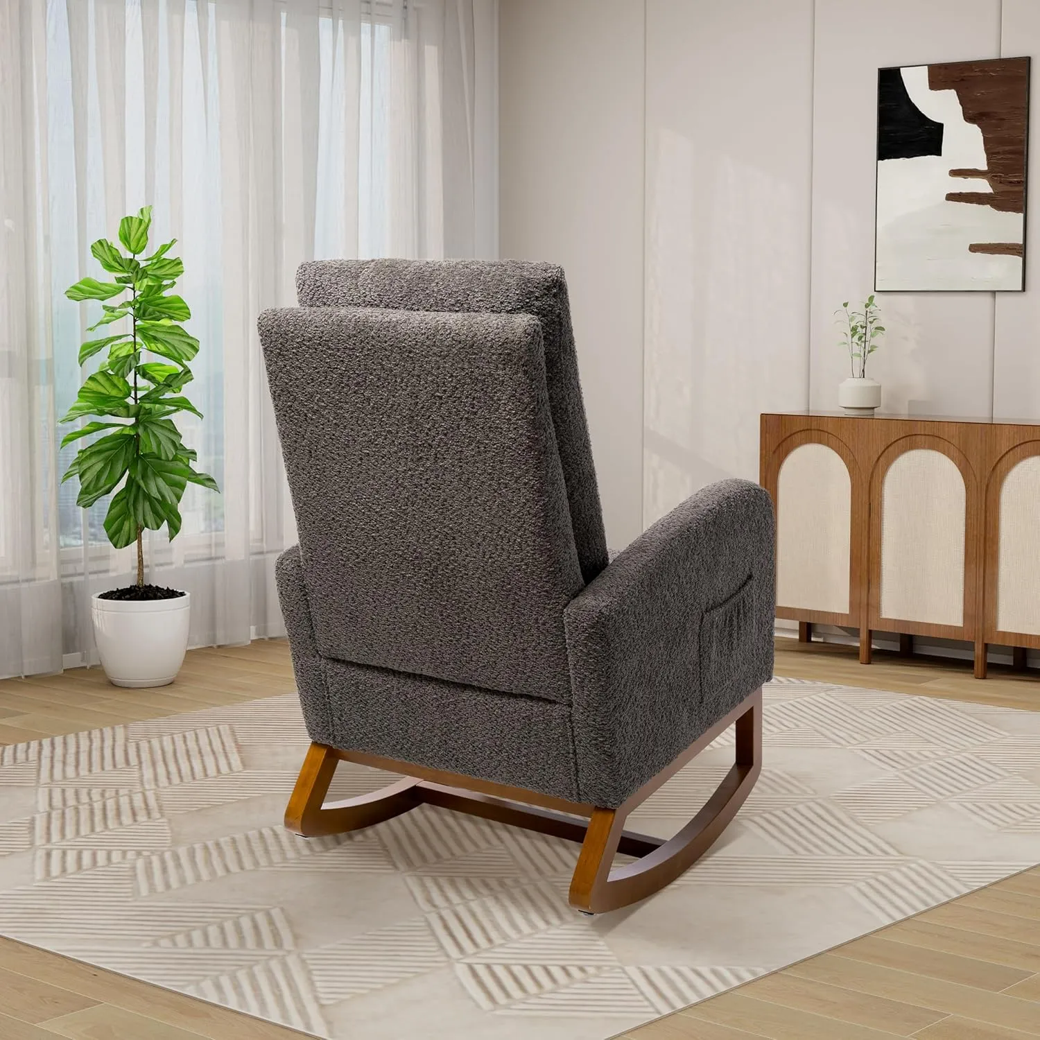 Rocking Chair Nursery, High Back Glider Chair with Retractable Foot Rest, Side Pocket, Rocking Accent Armchair with Rubber Wood Legs, for Indoor Living Room Bedroom.Charcoal