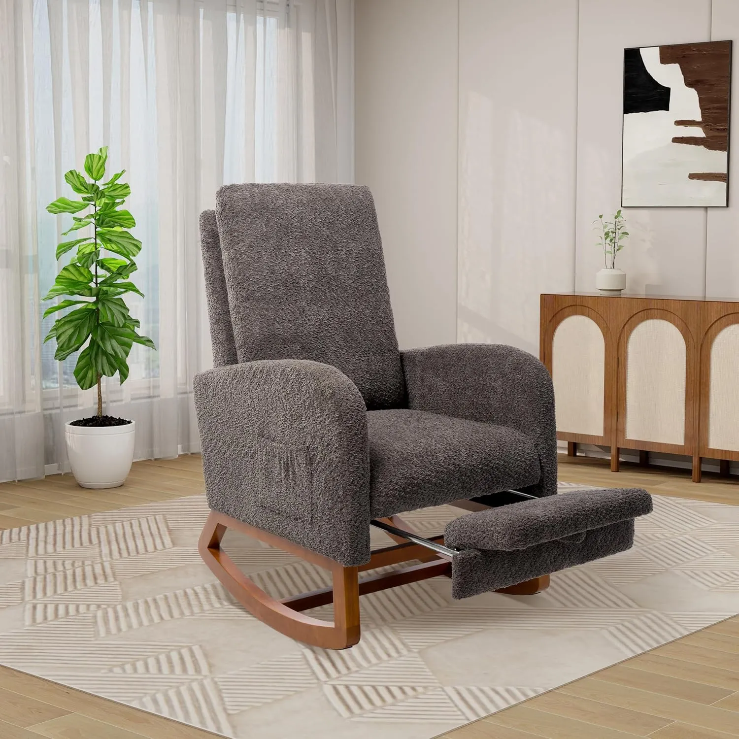 Rocking Chair Nursery, High Back Glider Chair with Retractable Foot Rest, Side Pocket, Rocking Accent Armchair with Rubber Wood Legs, for Indoor Living Room Bedroom.Charcoal