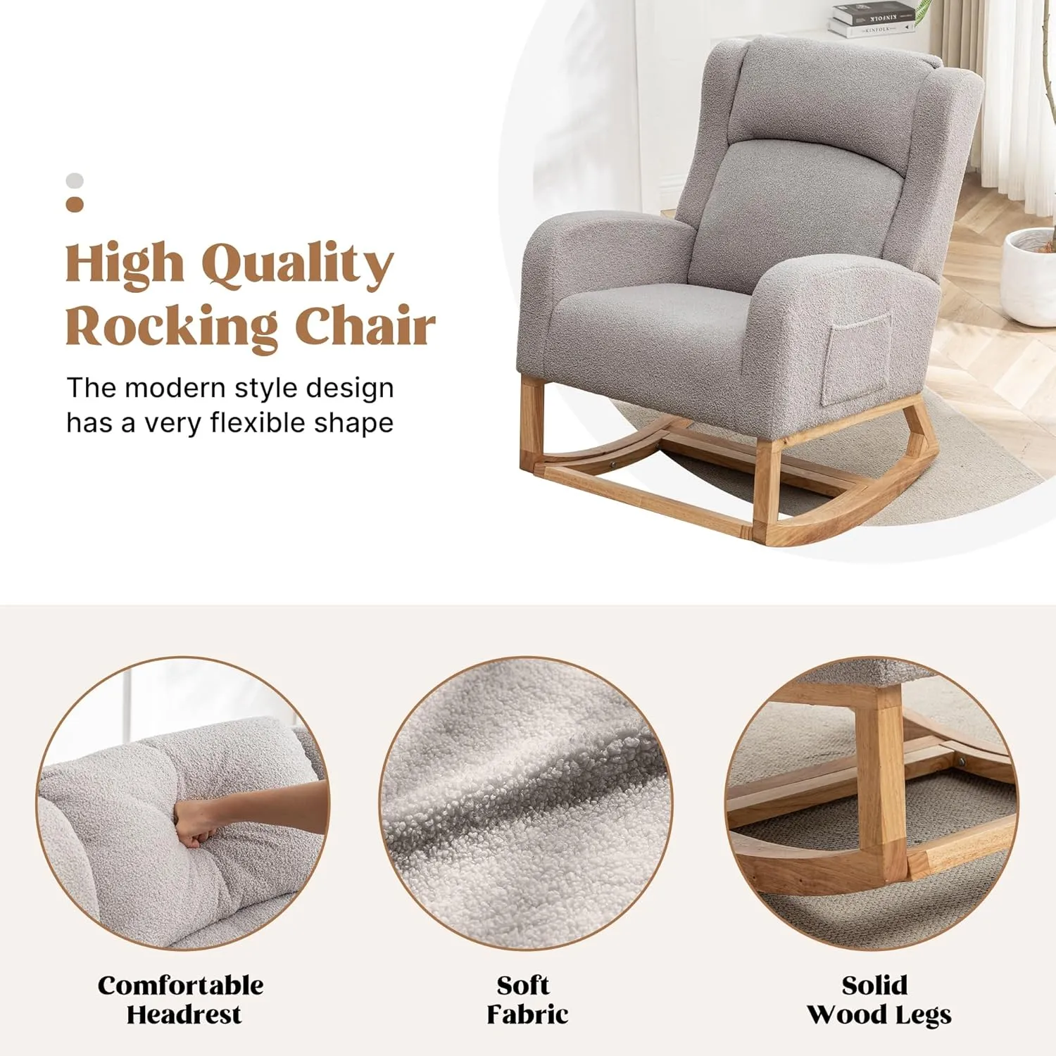 Rocking Chair Nursery, Nursery Rocking Chairs with Foot Rest, Comfy Teddy Glider Rocker Nursing Chair with Wingback for Nursing, Living Room, Bedroom, Teddy Grey