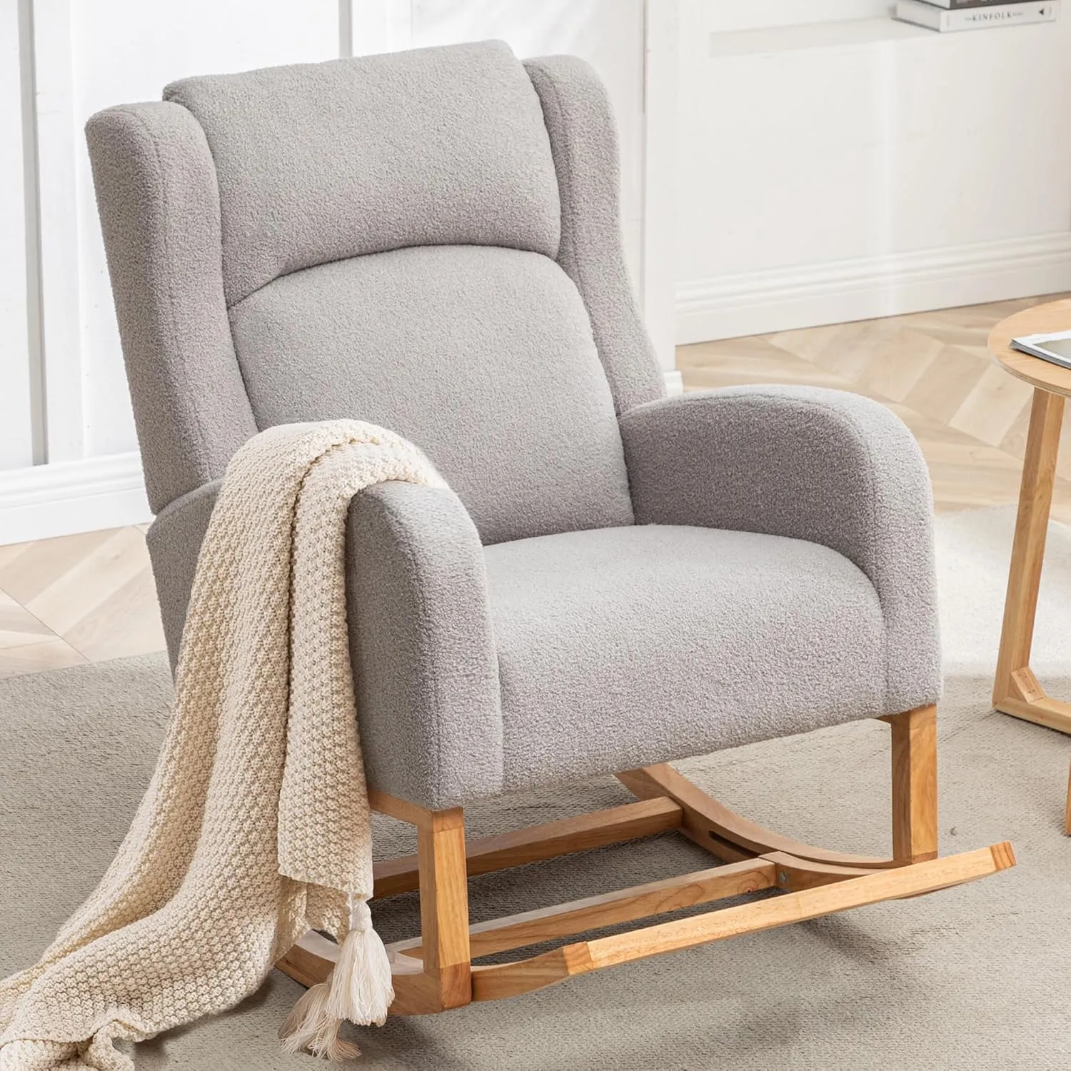Rocking Chair Nursery, Nursery Rocking Chairs with Foot Rest, Comfy Teddy Glider Rocker Nursing Chair with Wingback for Nursing, Living Room, Bedroom, Teddy Grey