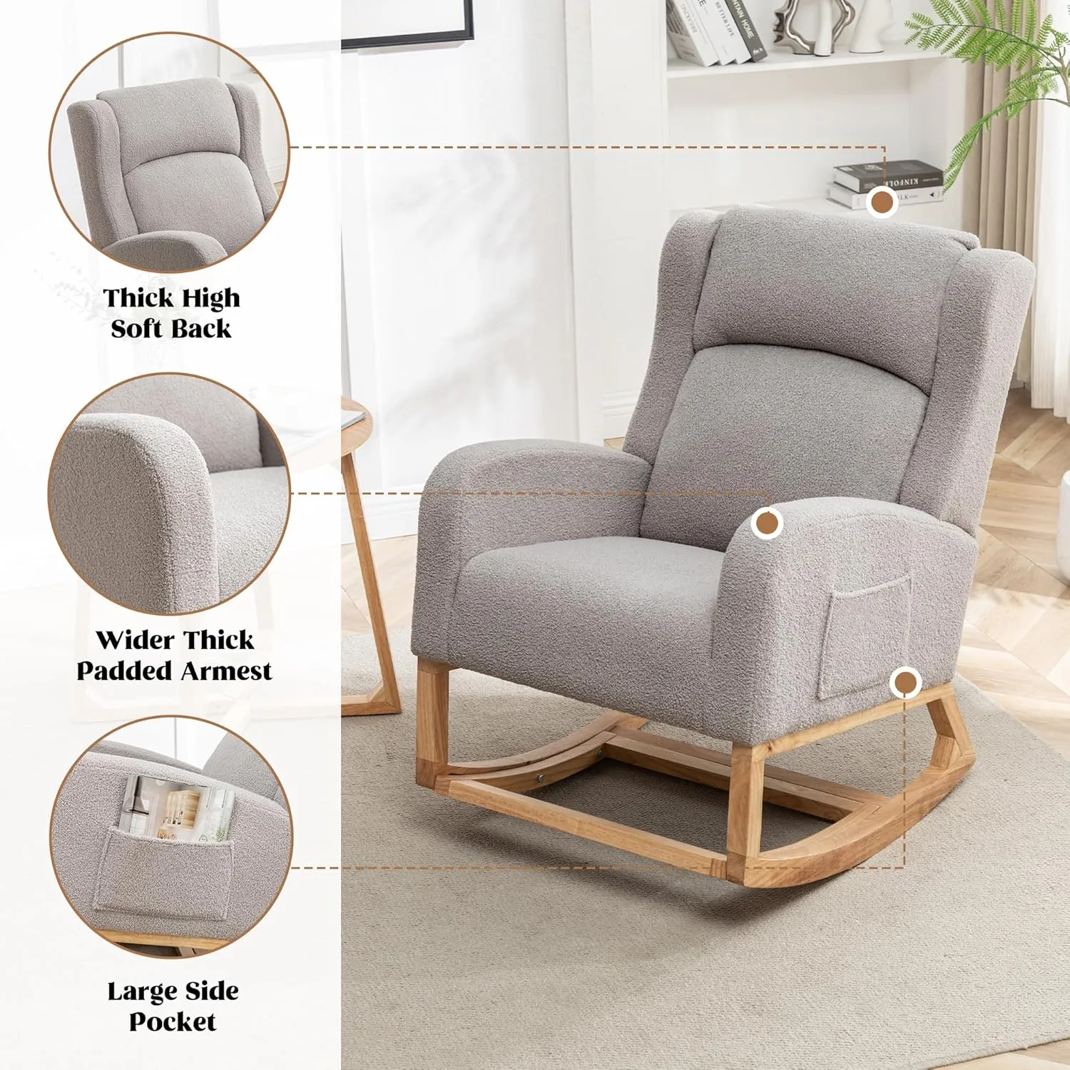 Rocking Chair Nursery, Nursery Rocking Chairs with Foot Rest, Comfy Teddy Glider Rocker Nursing Chair with Wingback for Nursing, Living Room, Bedroom, Teddy Grey