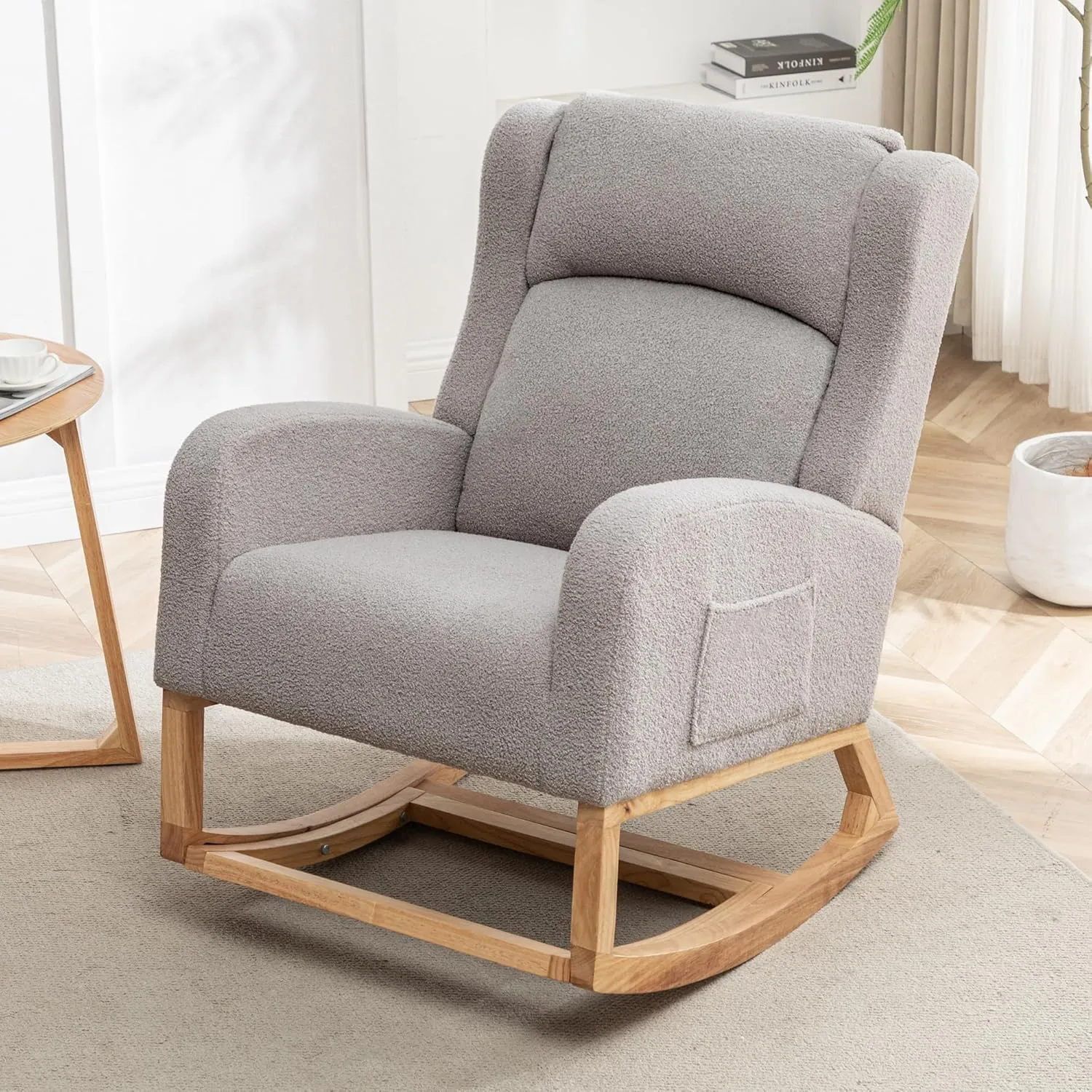 Rocking Chair Nursery, Nursery Rocking Chairs with Foot Rest, Comfy Teddy Glider Rocker Nursing Chair with Wingback for Nursing, Living Room, Bedroom, Teddy Grey