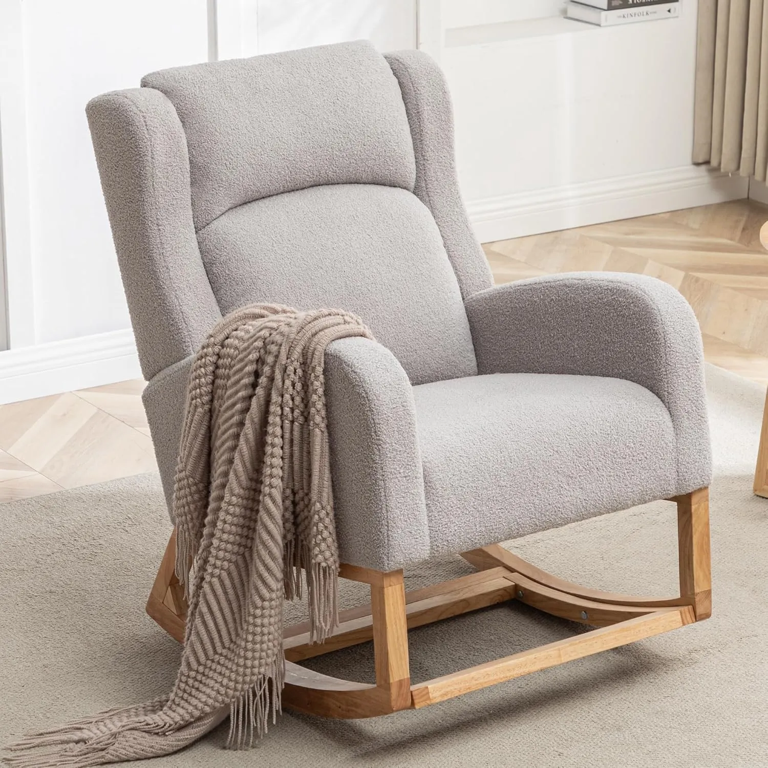 Rocking Chair Nursery, Nursery Rocking Chairs with Foot Rest, Comfy Teddy Glider Rocker Nursing Chair with Wingback for Nursing, Living Room, Bedroom, Teddy Grey