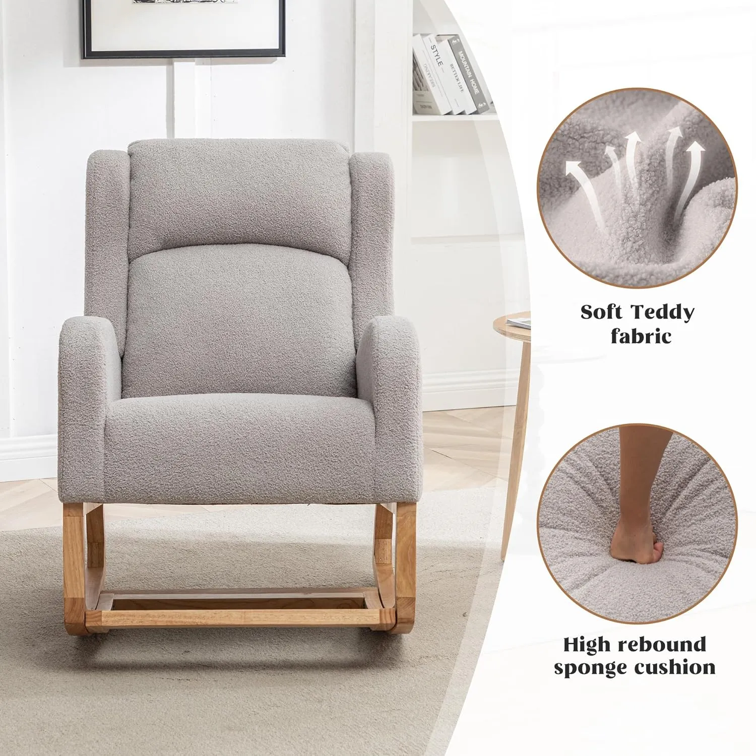 Rocking Chair Nursery, Nursery Rocking Chairs with Foot Rest, Comfy Teddy Glider Rocker Nursing Chair with Wingback for Nursing, Living Room, Bedroom, Teddy Grey