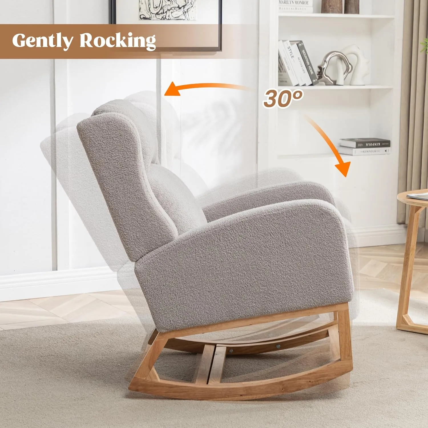 Rocking Chair Nursery, Nursery Rocking Chairs with Foot Rest, Comfy Teddy Glider Rocker Nursing Chair with Wingback for Nursing, Living Room, Bedroom, Teddy Grey