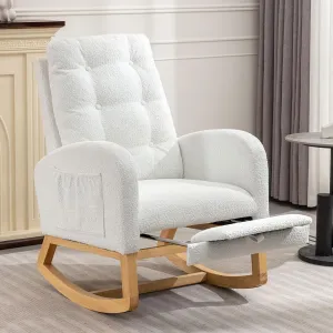 Rocking Chair with Foot Rest, Nursery Glider Teddy Gliding Rocking Chair with Retractable Footrest Rubber Wood Legs Side Pocket High Back & Wide Seat Nursing Chair for Living Room (White)