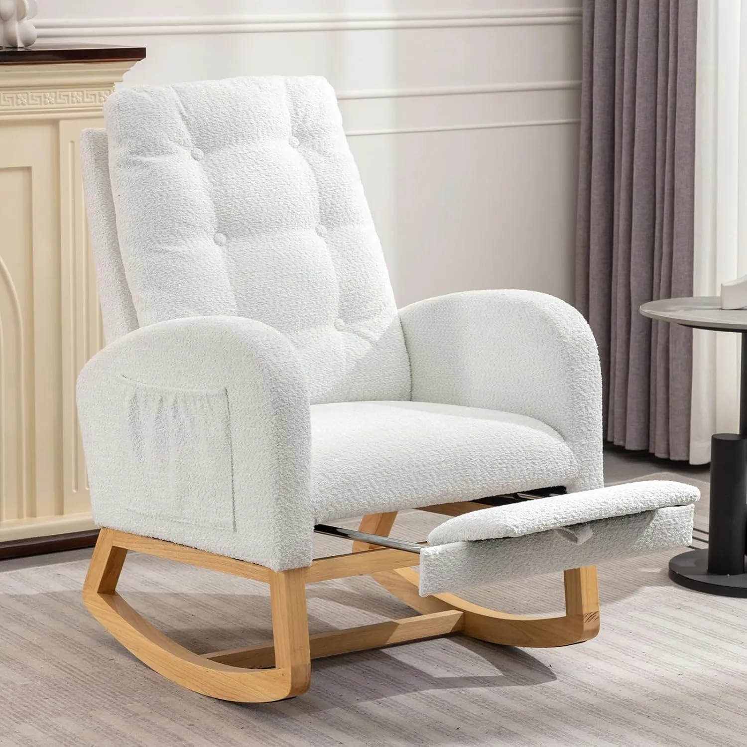 Rocking Chair with Foot Rest, Nursery Glider Teddy Gliding Rocking Chair with Retractable Footrest Rubber Wood Legs Side Pocket High Back & Wide Seat Nursing Chair for Living Room (White)