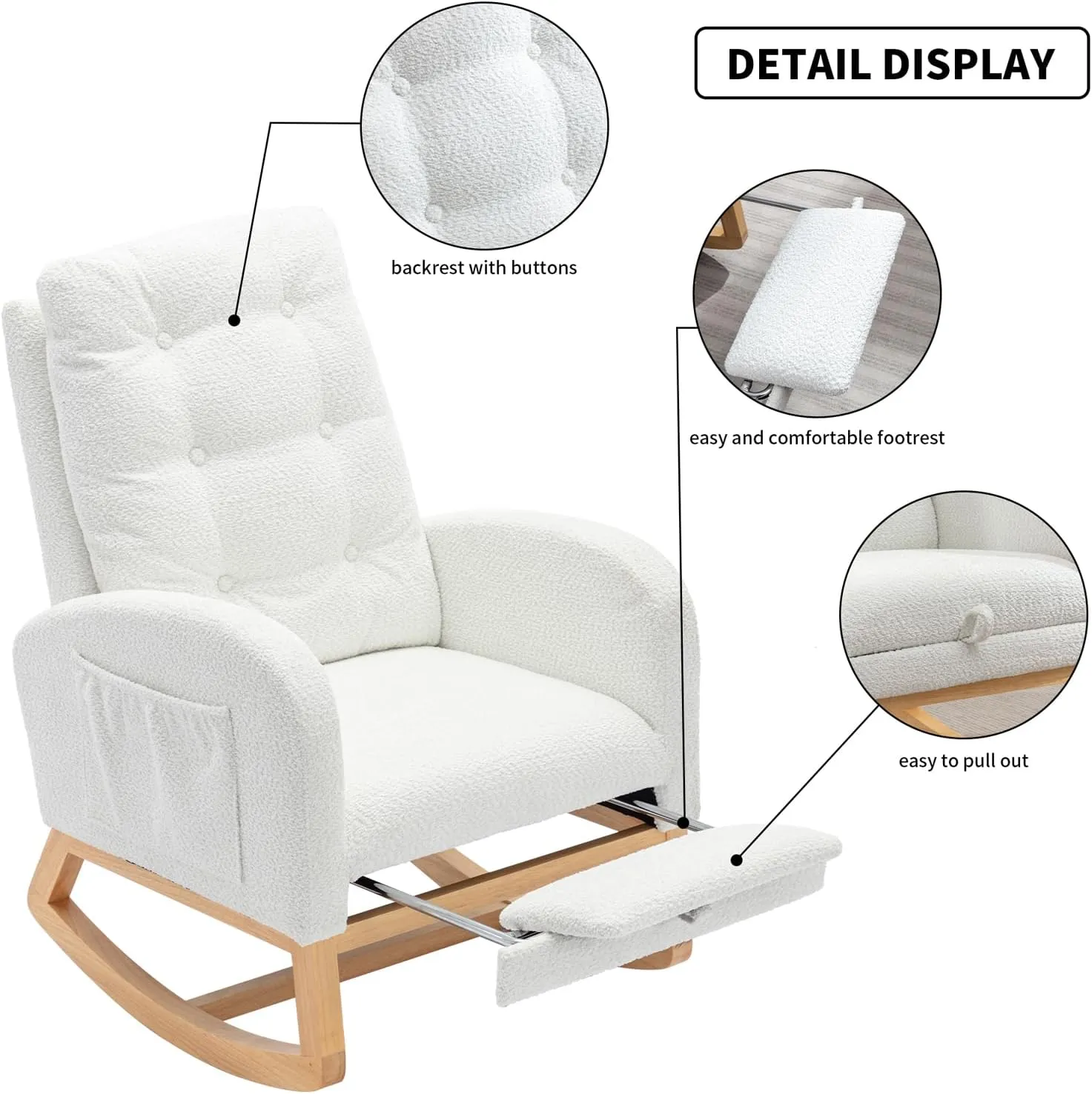 Rocking Chair with Foot Rest, Nursery Glider Teddy Gliding Rocking Chair with Retractable Footrest Rubber Wood Legs Side Pocket High Back & Wide Seat Nursing Chair for Living Room (White)