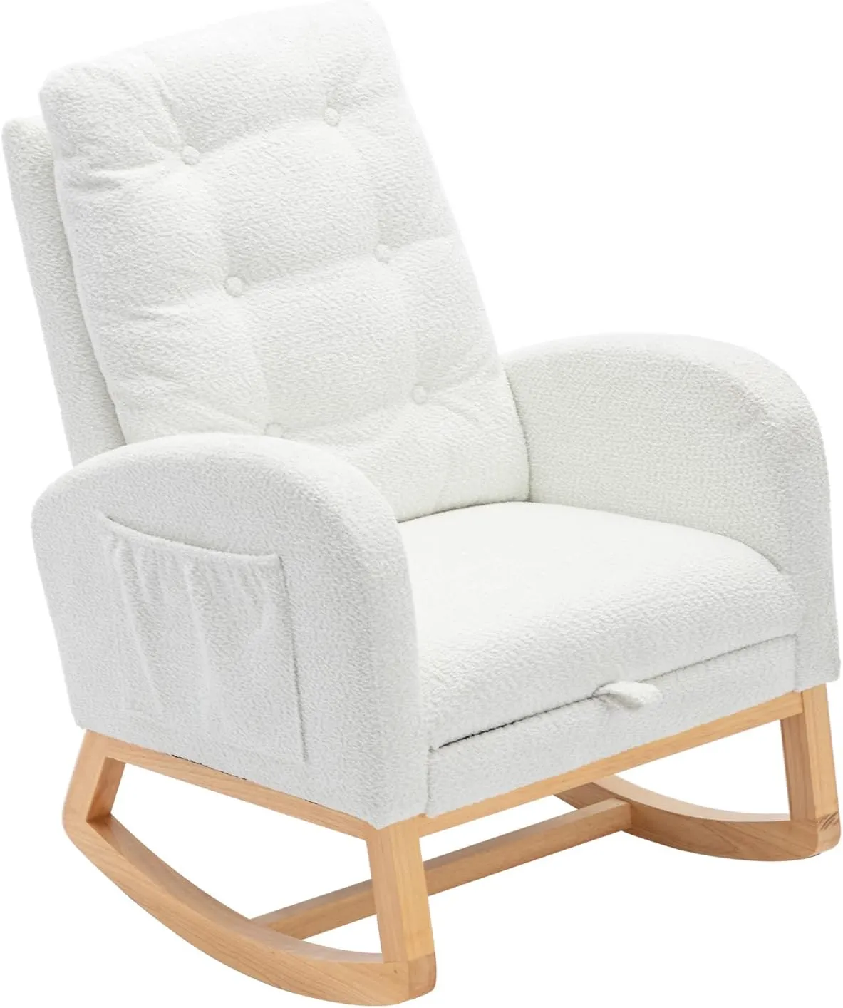 Rocking Chair with Foot Rest, Nursery Glider Teddy Gliding Rocking Chair with Retractable Footrest Rubber Wood Legs Side Pocket High Back & Wide Seat Nursing Chair for Living Room (White)