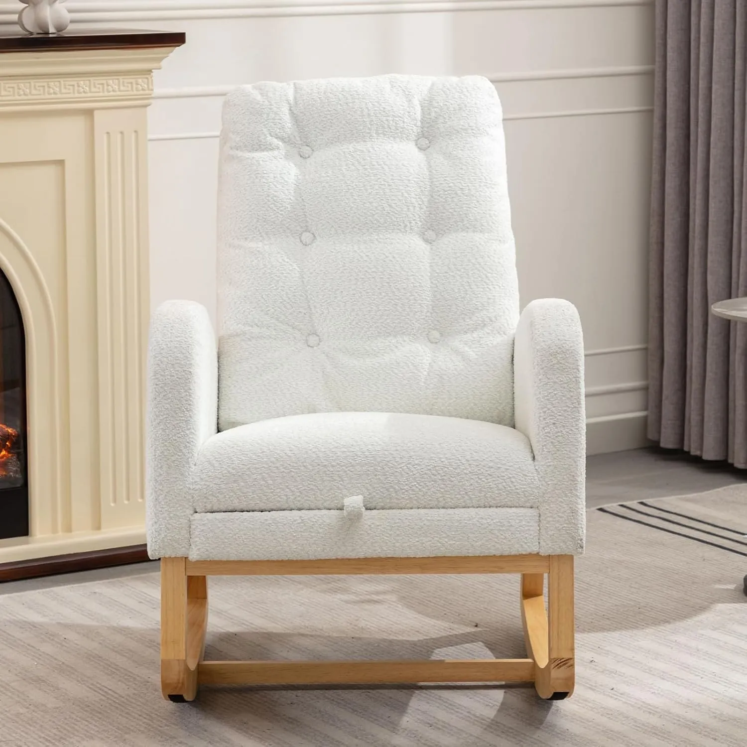 Rocking Chair with Foot Rest, Nursery Glider Teddy Gliding Rocking Chair with Retractable Footrest Rubber Wood Legs Side Pocket High Back & Wide Seat Nursing Chair for Living Room (White)